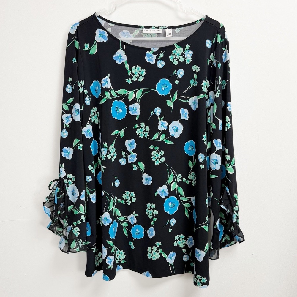 Susan Graver Top Womens XL Black Floral Liquid Knit Ruffle Bow Blouse Shirt